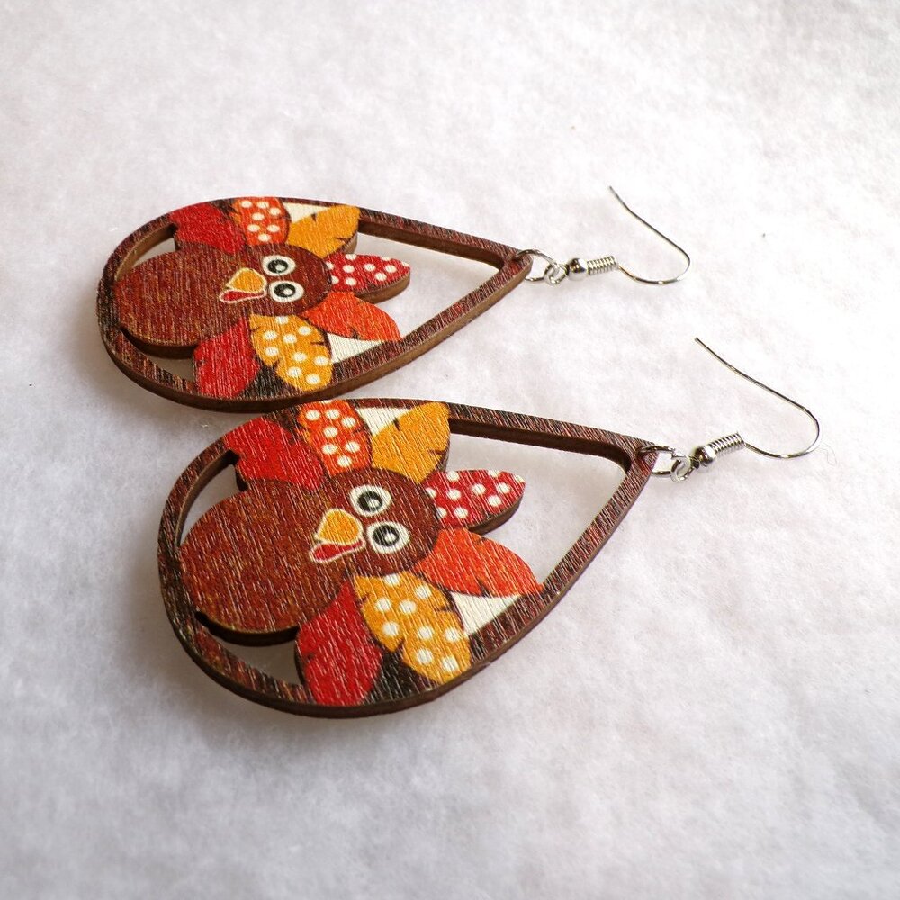 Thanksgiving Turkey Earrings Wood Dangle Teardrop - Picture 3 of 4